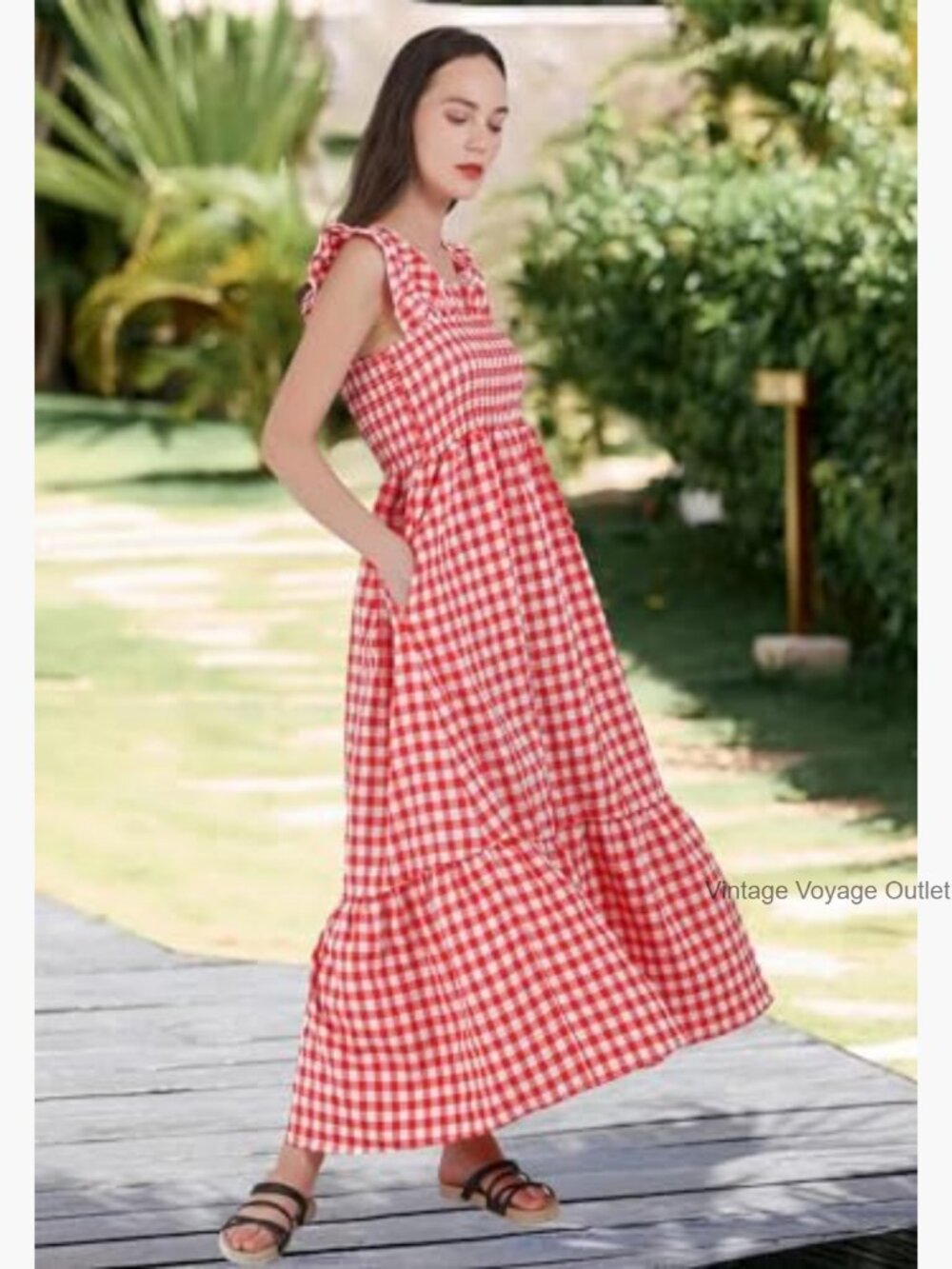 Sleeveless Smocked Plaid Maxi Dress Flowy Ruffle Boho Casual - Picture 4 of 6